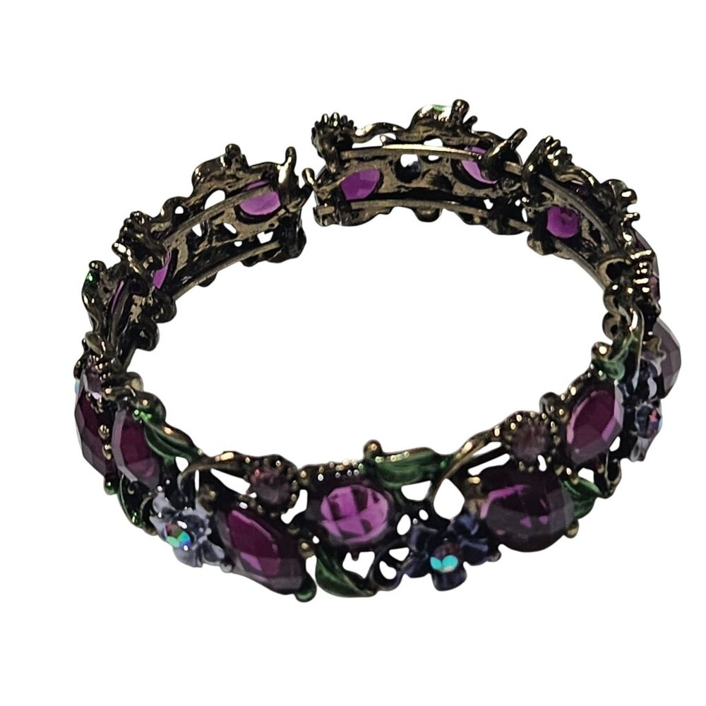 Vintage Purple Green Crystal Bangle Gold Tone Floral Accents Elegant Jewelry